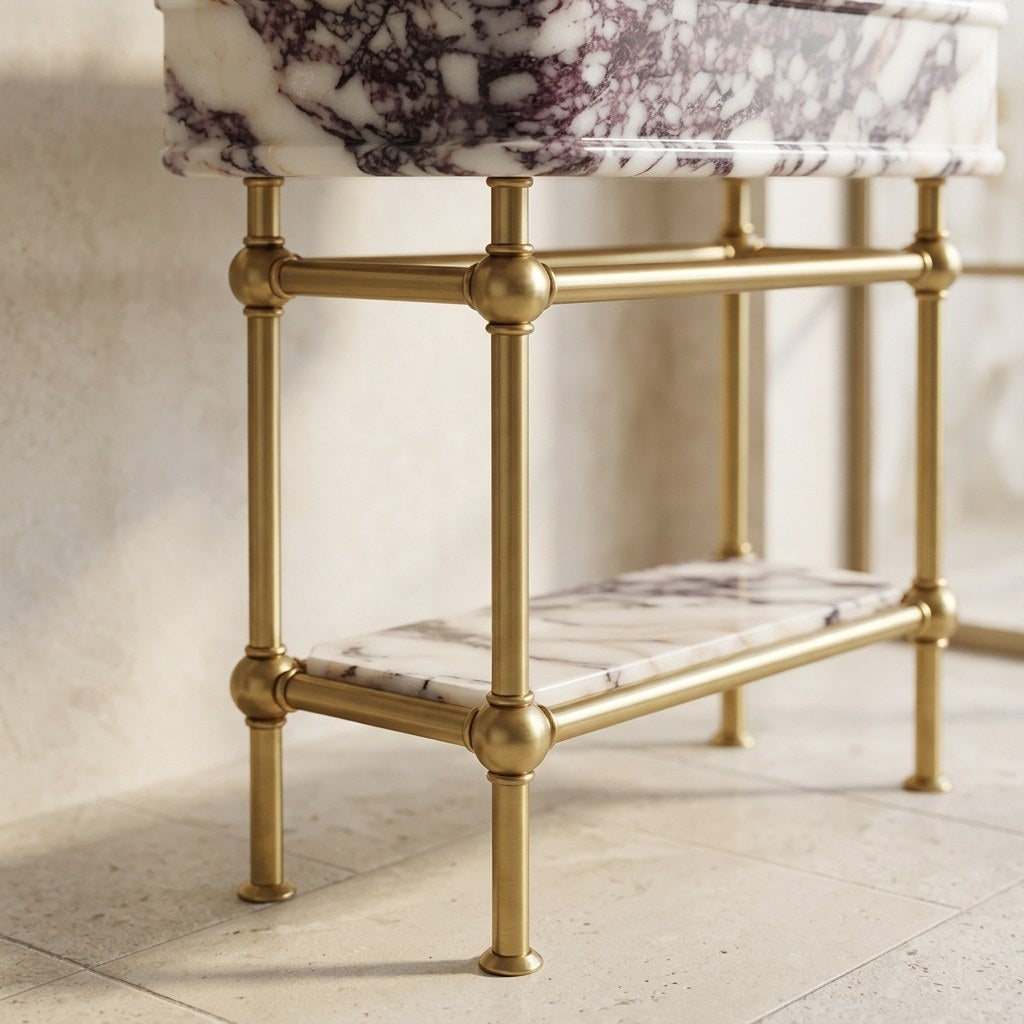 Calacatta Viola Marble Sink with Brass Stand and Backsplash — detail — view 4