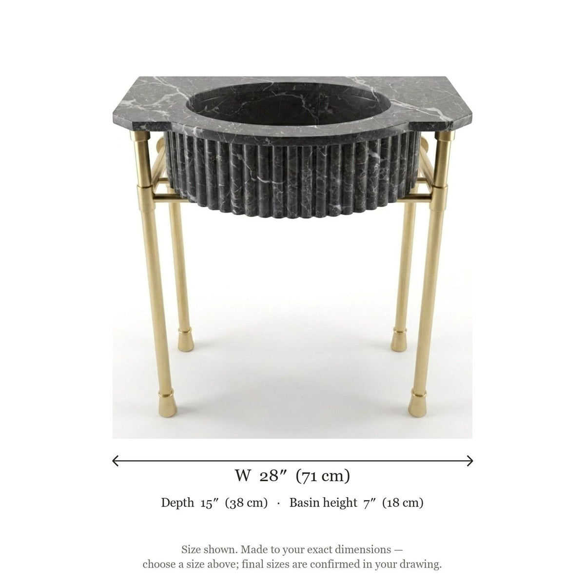 Pietra Notte Fluted Marble Sink with Champagne Gold Stand — dimensions — view 5