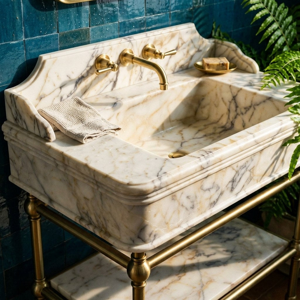 Calacatta Gold Marble Sink with Brass Stand and Backsplash — premium — view 2