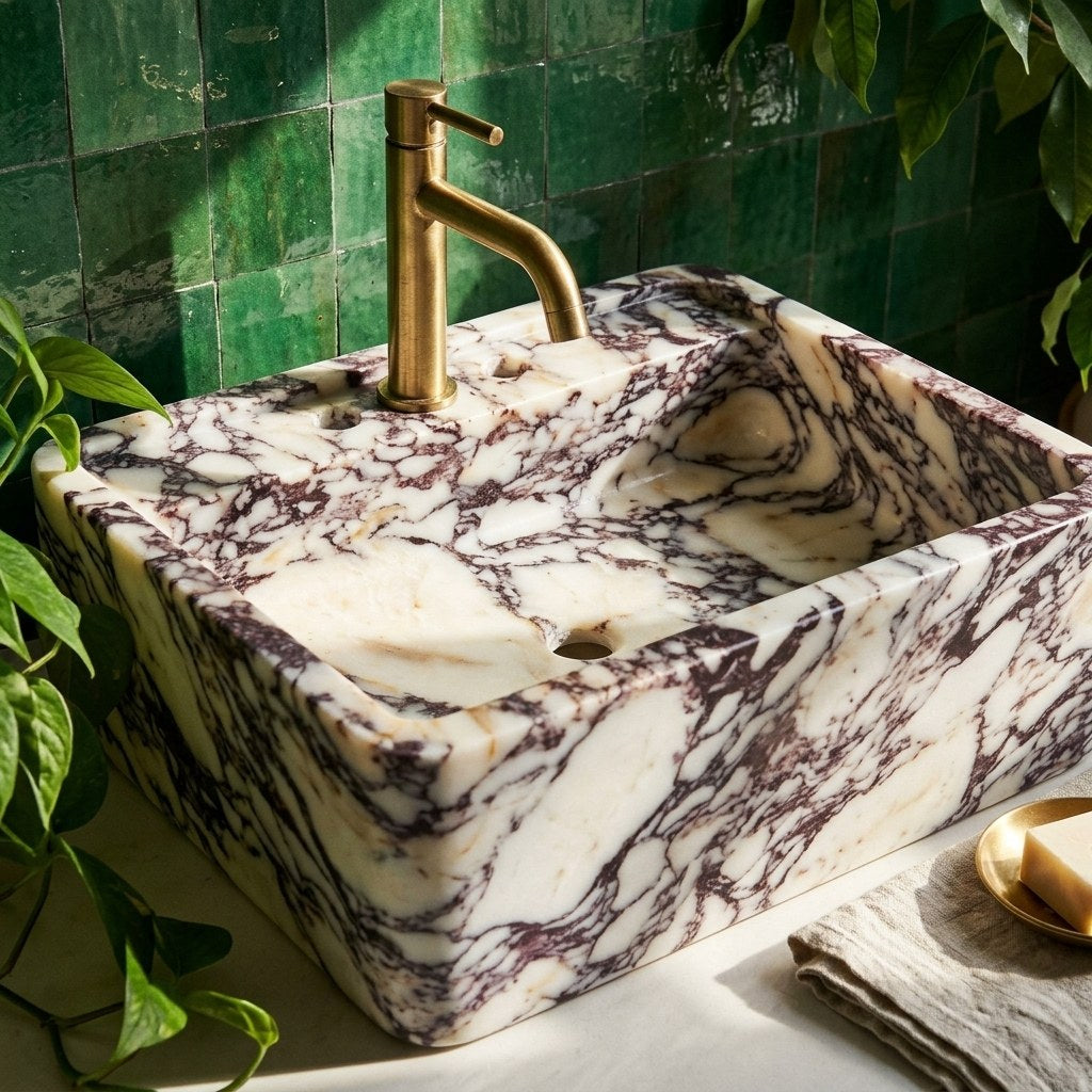 Calacatta Viola Polished Marble Sink with 3 Faucet Holes — premium — view 2