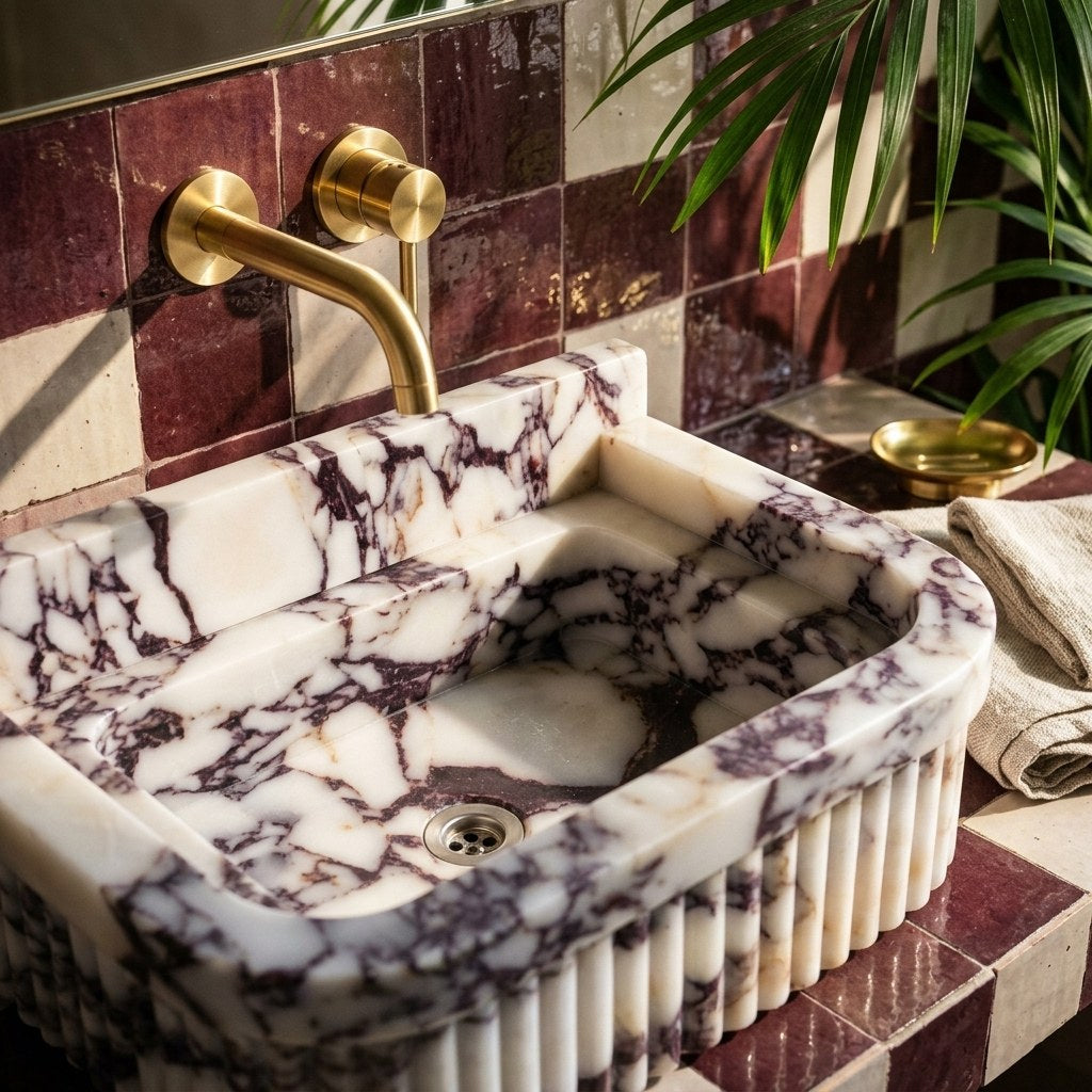 Calacatta Viola Fluted Marble Sink with Backsplash — premium — view 2
