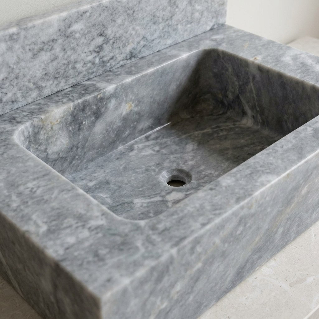 Polished Grey Marble Sink with Backsplash — detail — view 4
