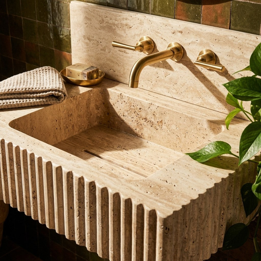 Travertine Fluted Marble Sink with Backsplash — premium — view 2