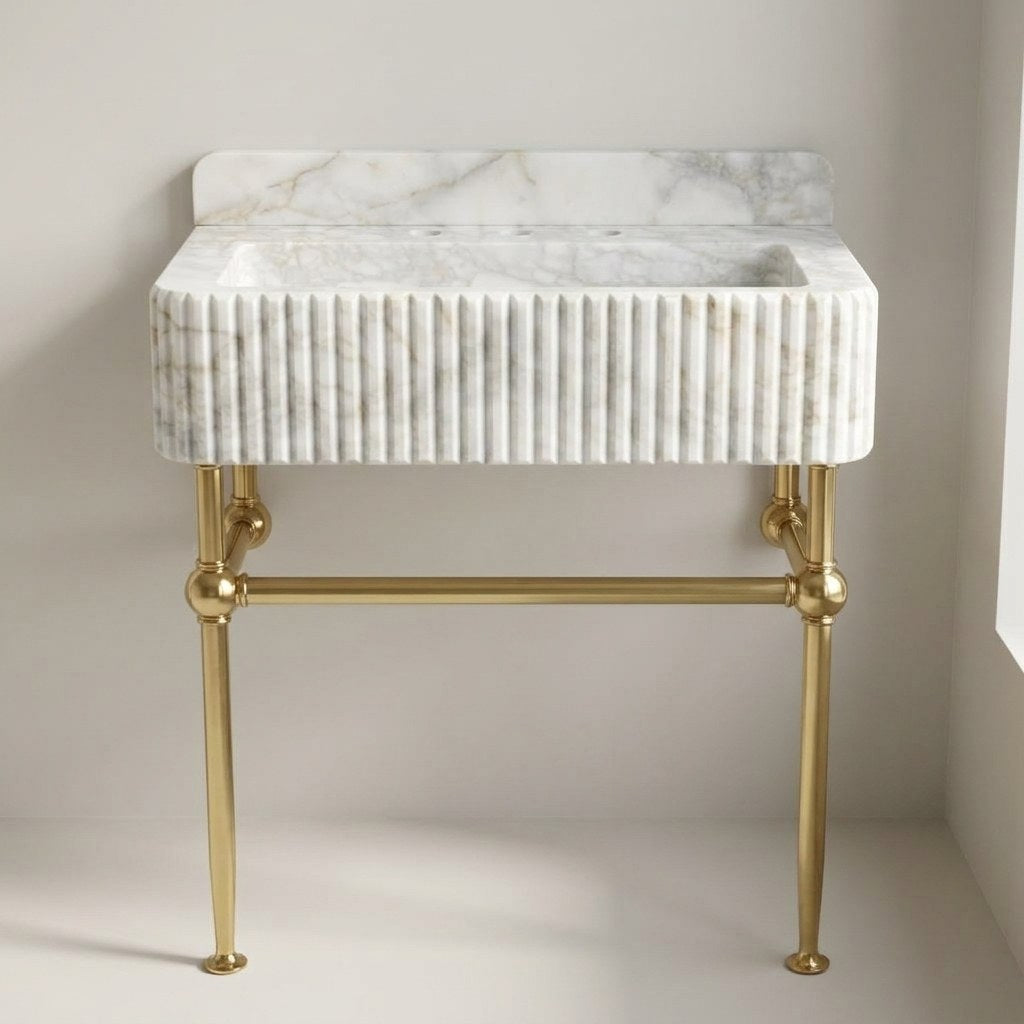 Calacatta Gold Fluted Marble Sink with Brass Stand — detail — view 4