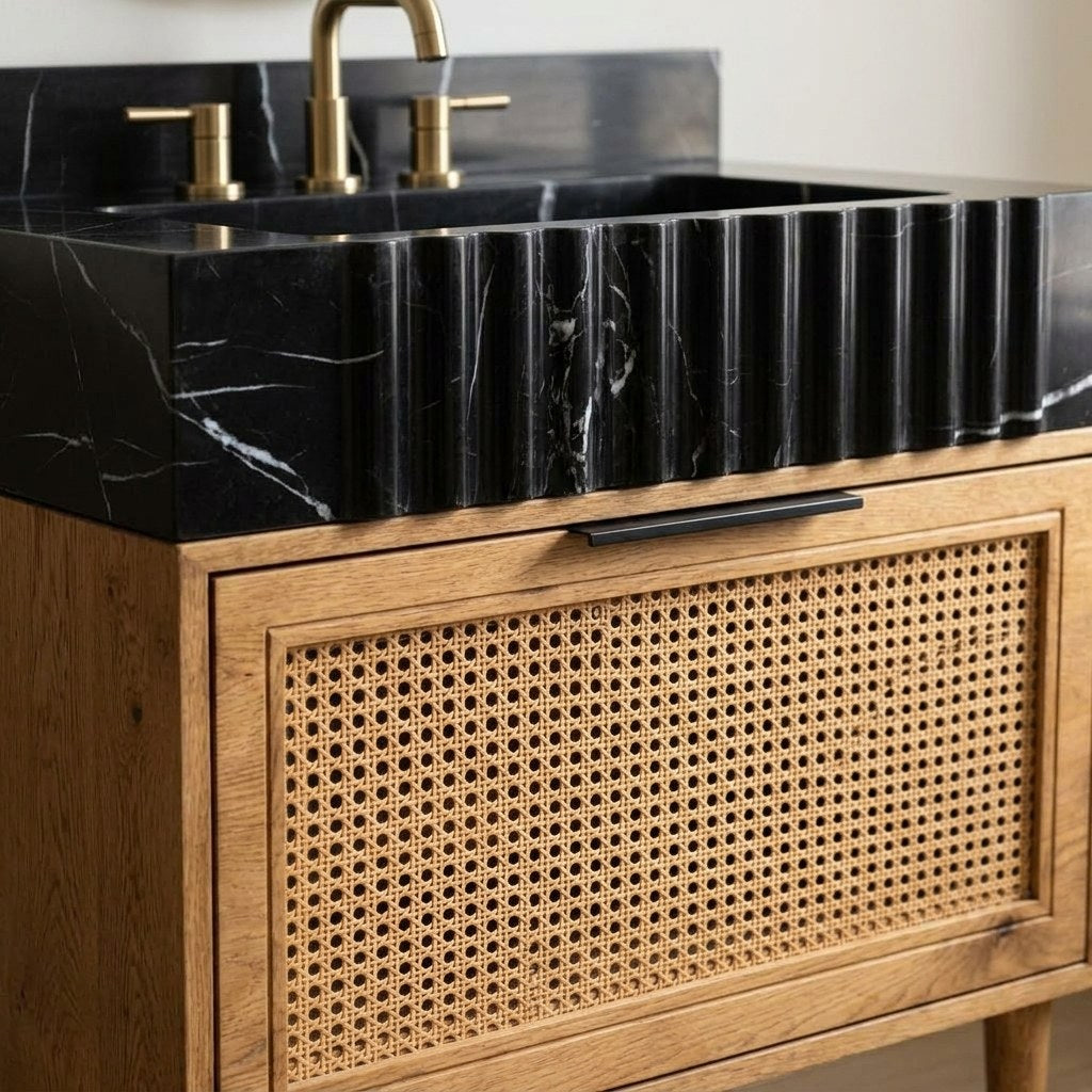 Nero Marquina Fluted Marble Vanity Sink with Backsplash — detail — view 4