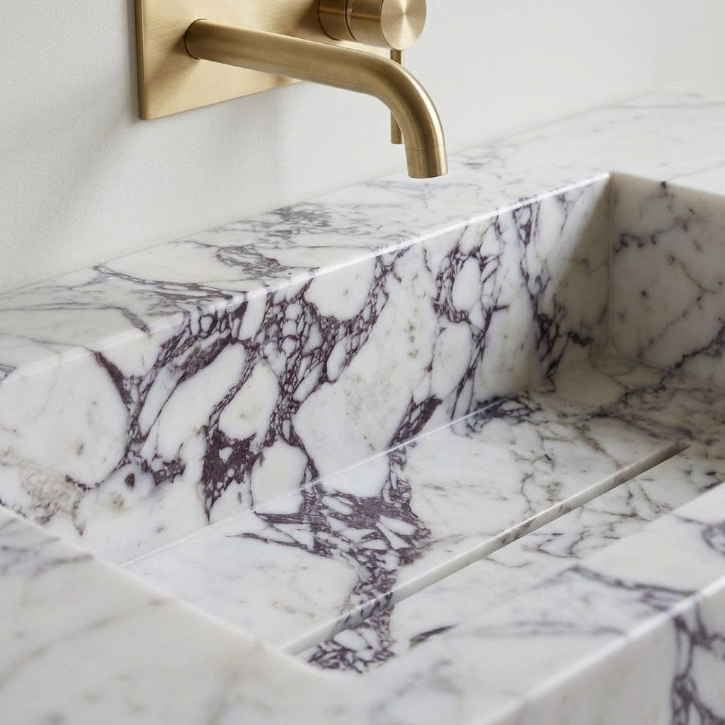 Calacatta Viola Rectangular Honed Marble Block Sink — marble detail — view 3