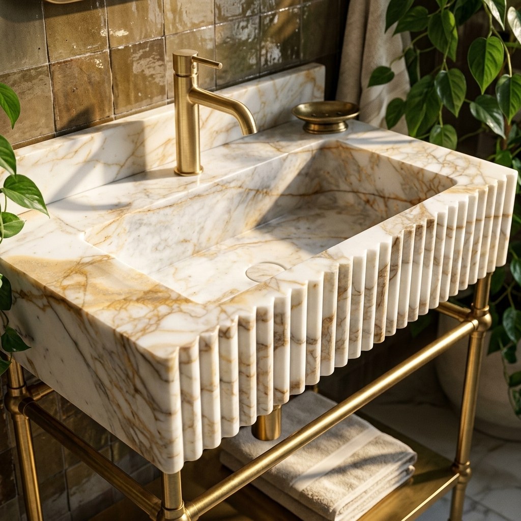 Calacatta Gold Fluted Polished Marble Sink with Metal Stand — premium — view 2