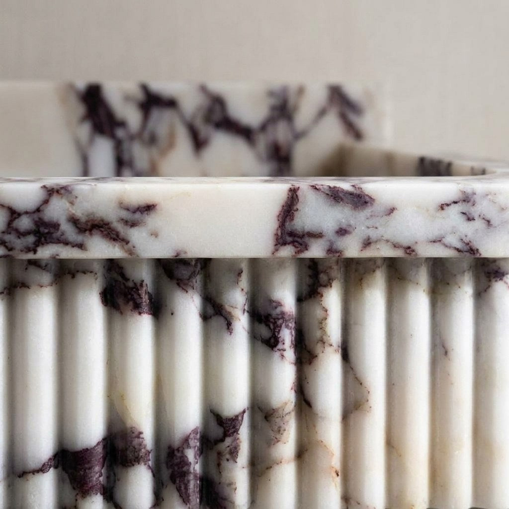 Calacatta Viola Fluted Marble Sink with Backsplash — marble detail — view 3