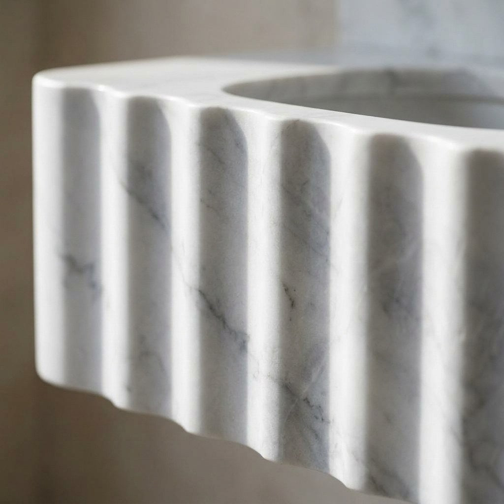 Carrara Fluted Marble Sink with Backsplash — marble detail — view 3