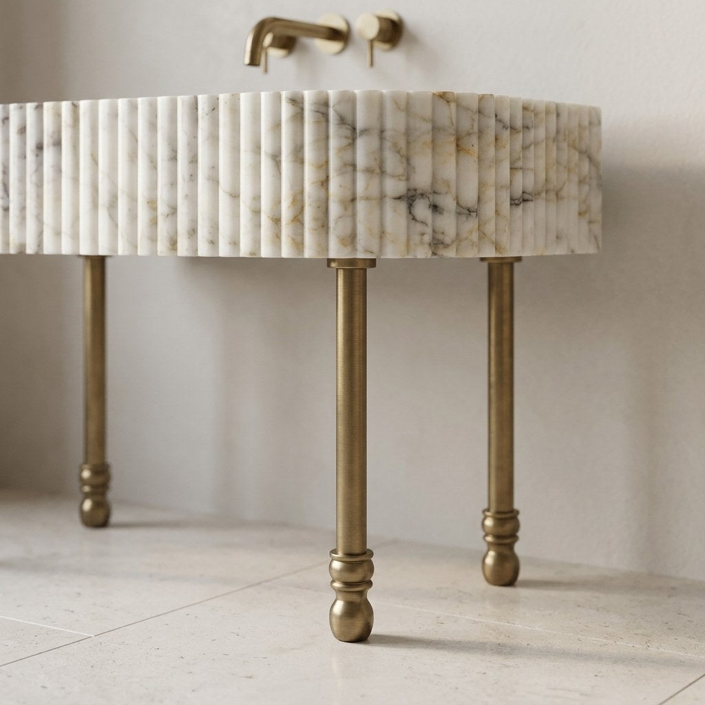 Calacatta Gold Fluted Marble Sink with Antique Brass Stand — detail — view 4