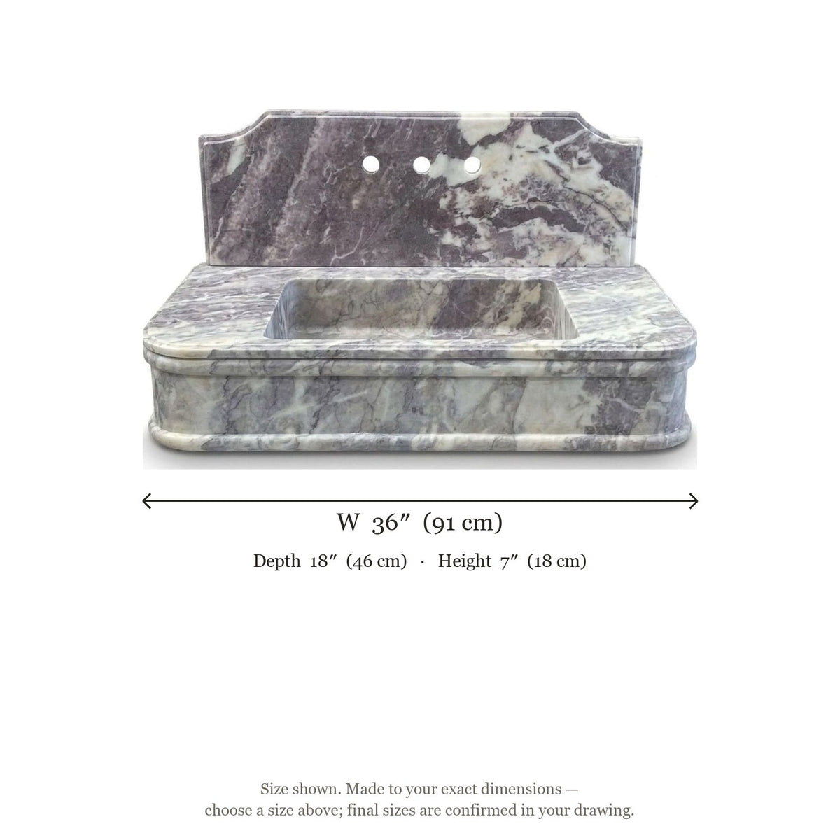 Lilac Honed Marble Sink with Integrated Backsplash — dimensions — view 5