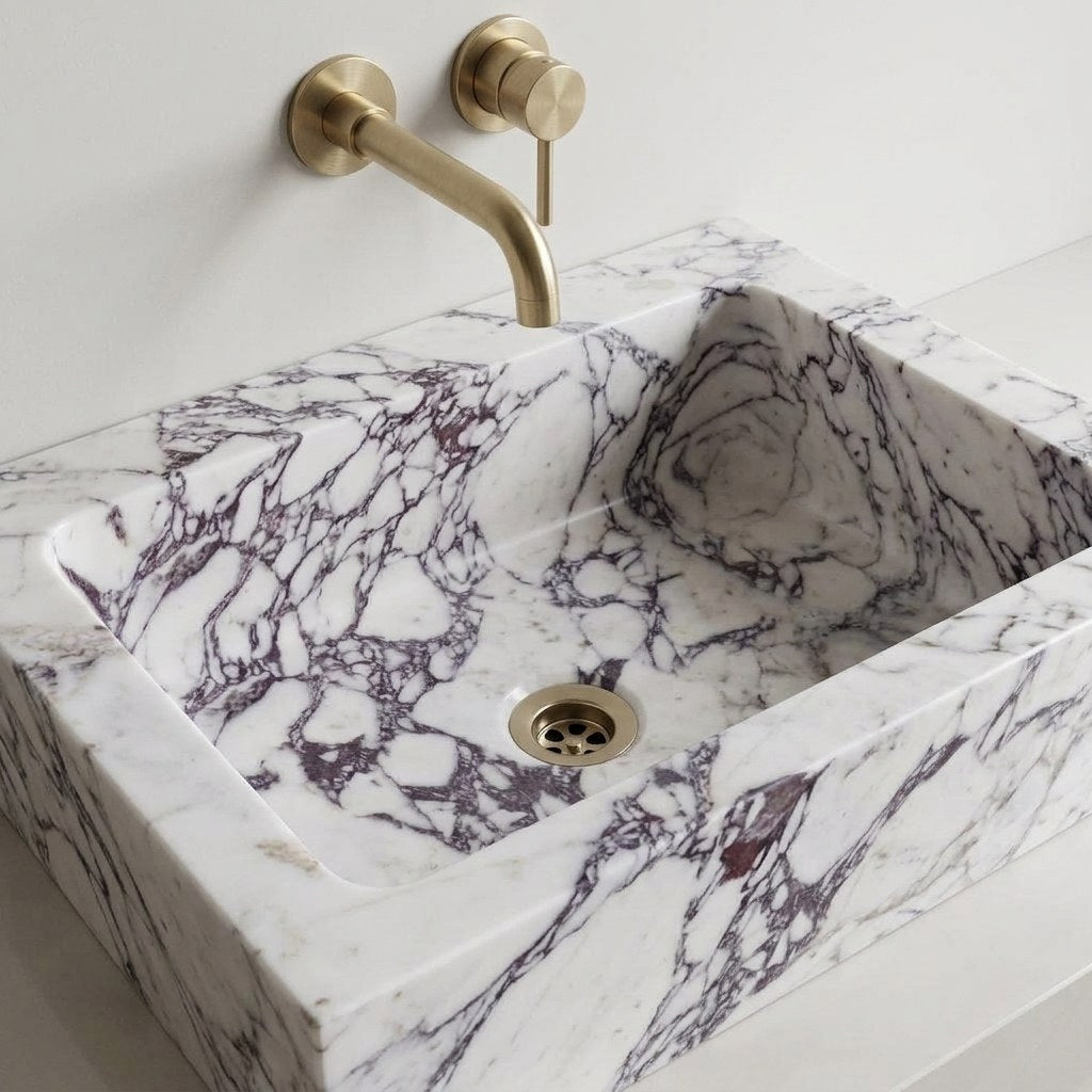 Calacatta Viola Rectangular Honed Marble Block Sink — detail — view 4