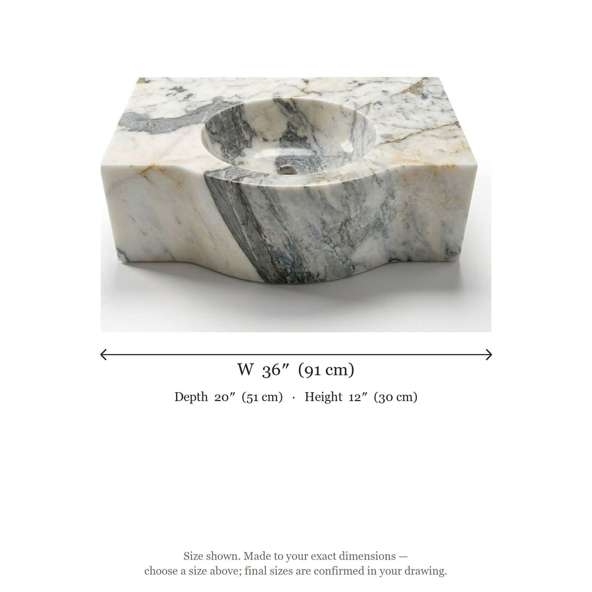 Carrara Polished Marble Sink with Curved Front — dimensions — view 5