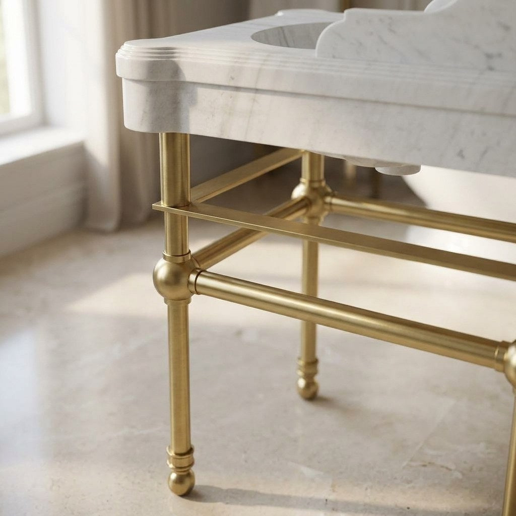 Carrara Marble Console Sink with Brass Stand and Backsplash — detail — view 4