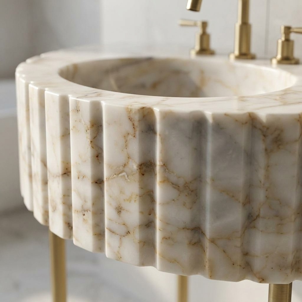 Calacatta Gold Fluted Marble Sink with Copper Legs — marble detail — view 3