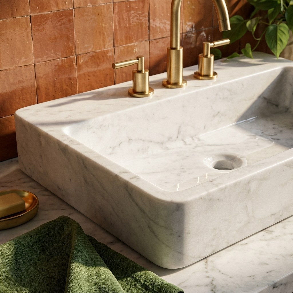 Carrara Polished Marble Sink with 3 Faucet Holes — premium — view 2