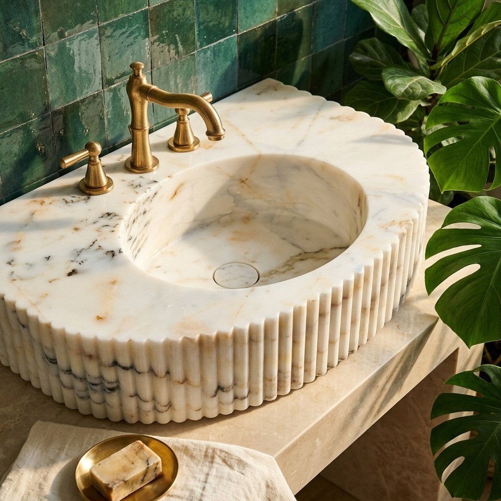 Calacatta Gold Polished Fluted Marble Sink — premium — view 2