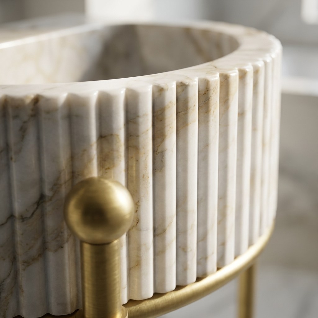 Calacatta Gold Fluted Marble Sink with Brass Stand — marble detail — view 3