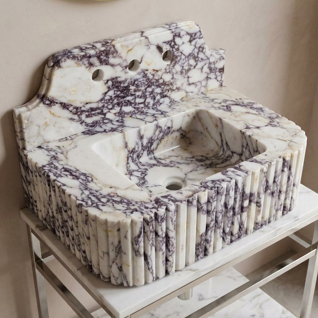 Calacatta Viola Fluted Marble Sink with Backsplash — detail — view 4