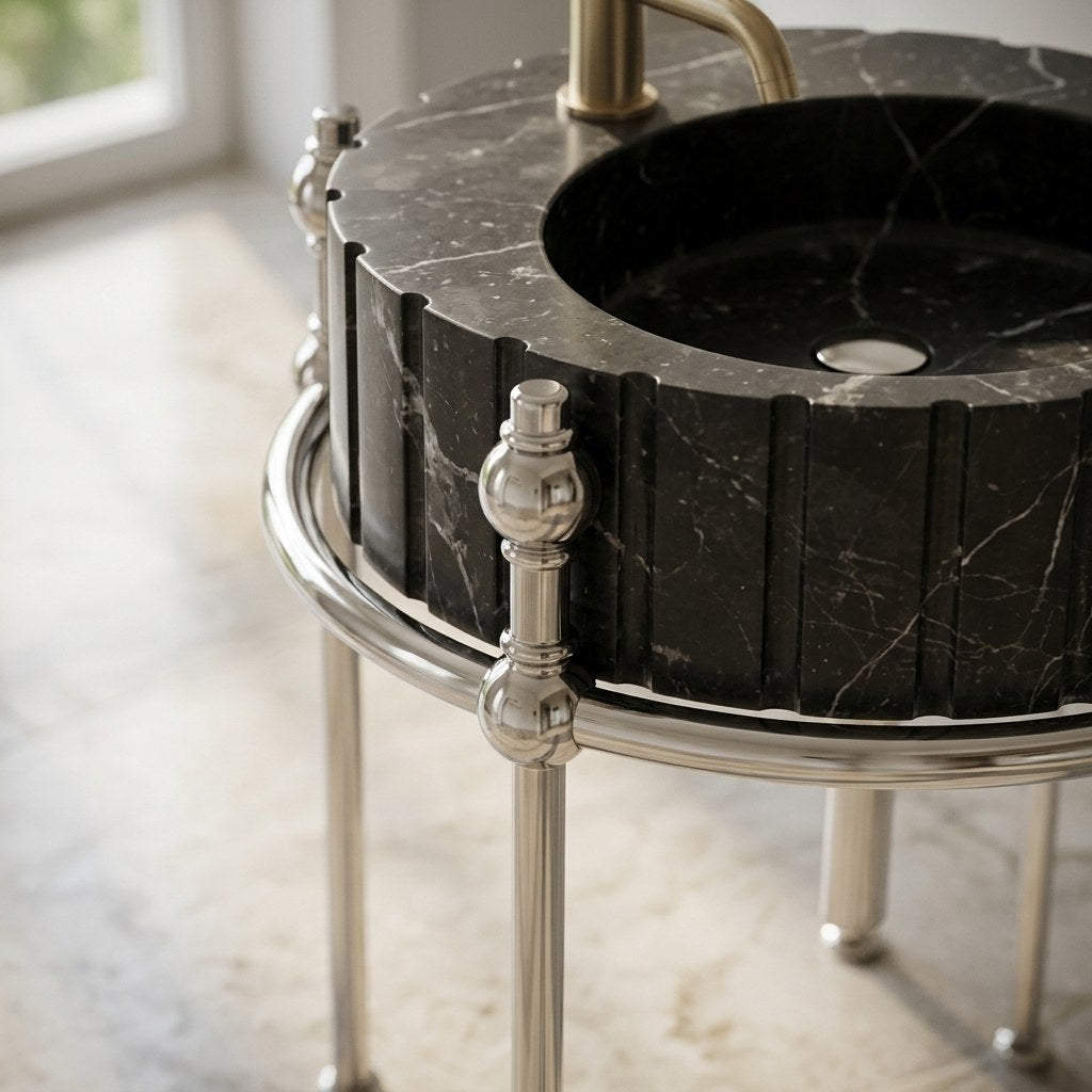 Pietra Notte Fluted Marble Sink with Metal Stand — detail — view 3
