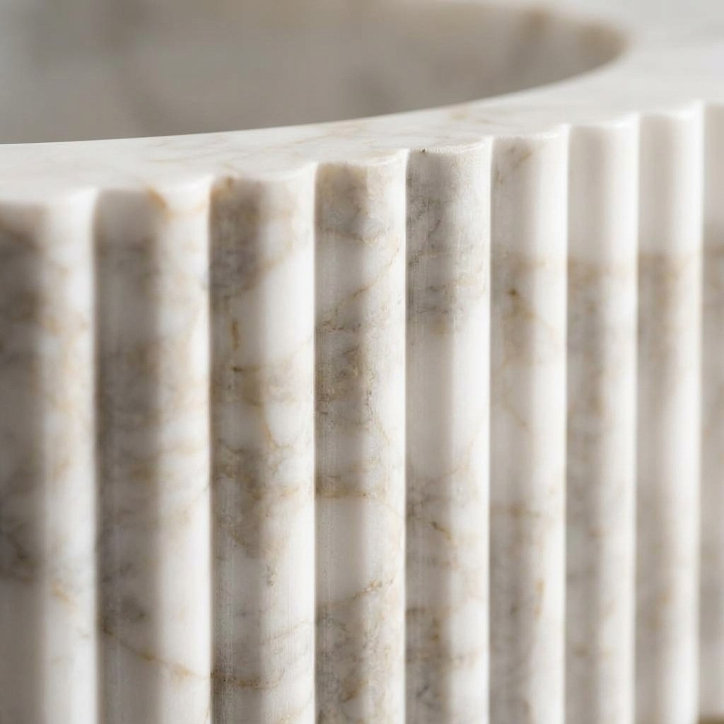 Calacatta Gold Fluted Marble Sink with Brass Stand — marble detail — view 3
