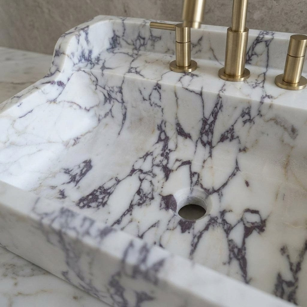 Calacatta Viola Polished Marble Sink with Backsplash — detail — view 4