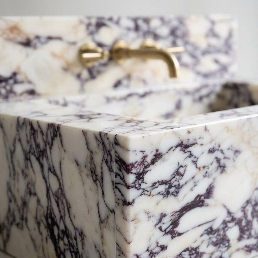 Calacatta Viola Marble Sink with Integrated Backsplash — marble detail — view 3