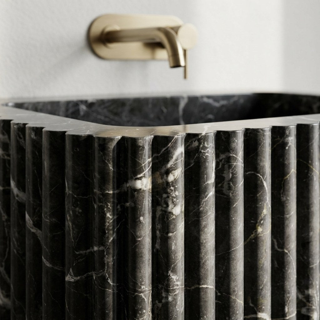 Pietra Notte Fluted Marble Vessel Sink — marble detail — view 3