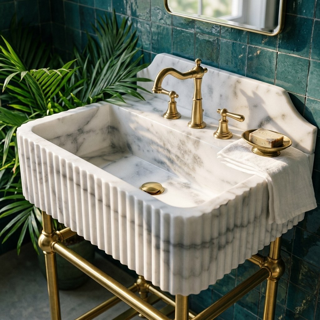 Carrara Fluted Marble Sink with Brass Stand — premium — view 2