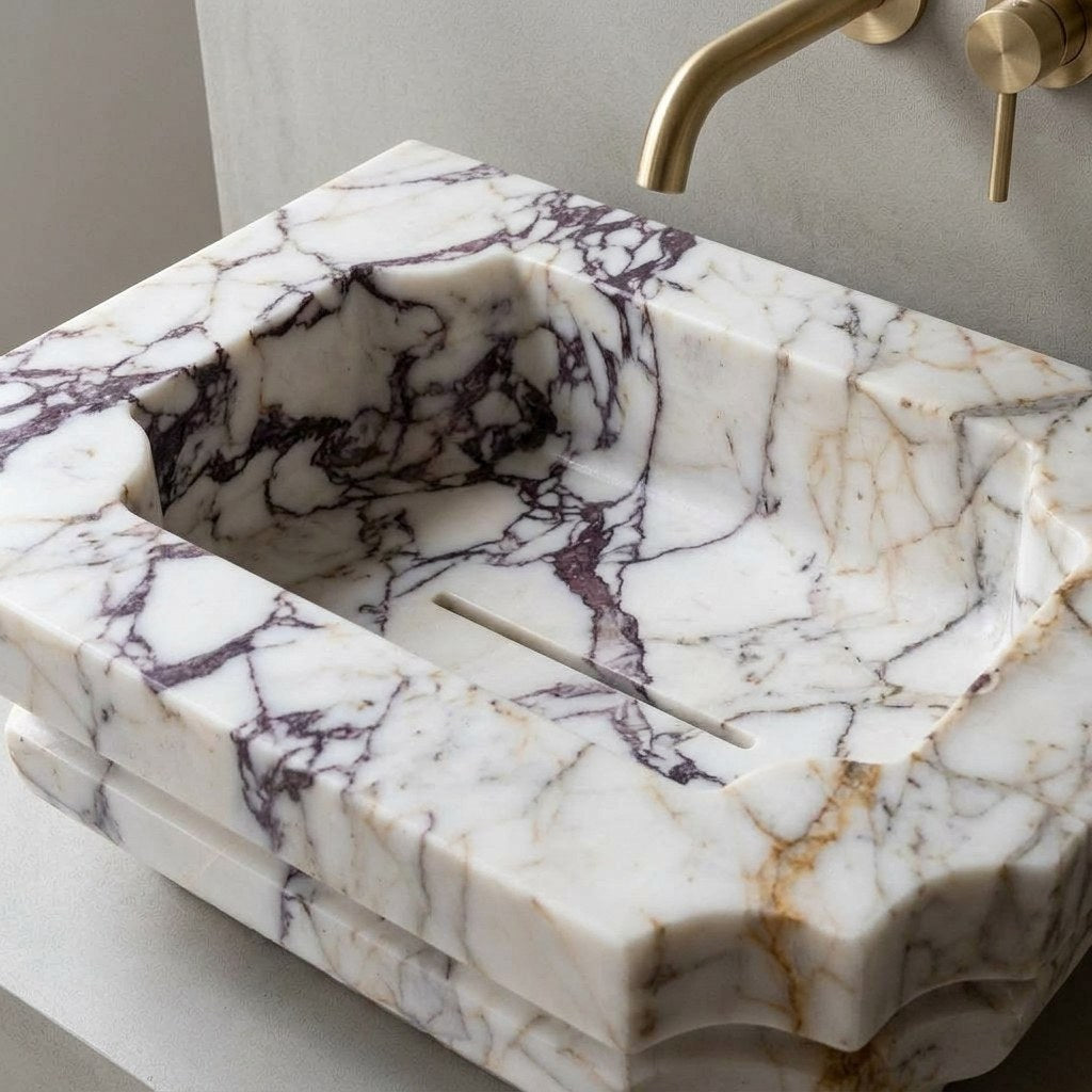 Calacatta Viola Polished Carved Vessel Marble Sink — detail — view 4