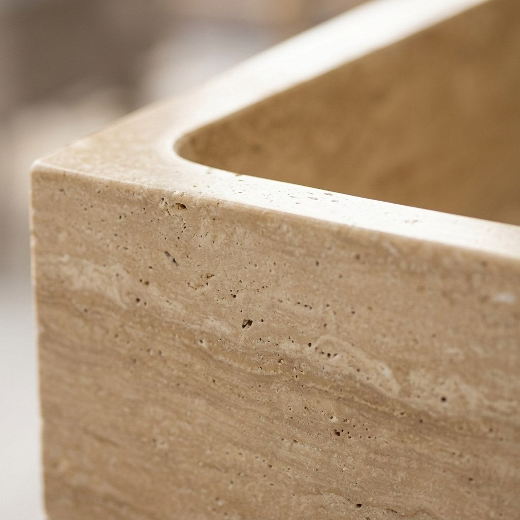 Travertine Marble Vanity with Wood Cabinet — marble detail — view 2