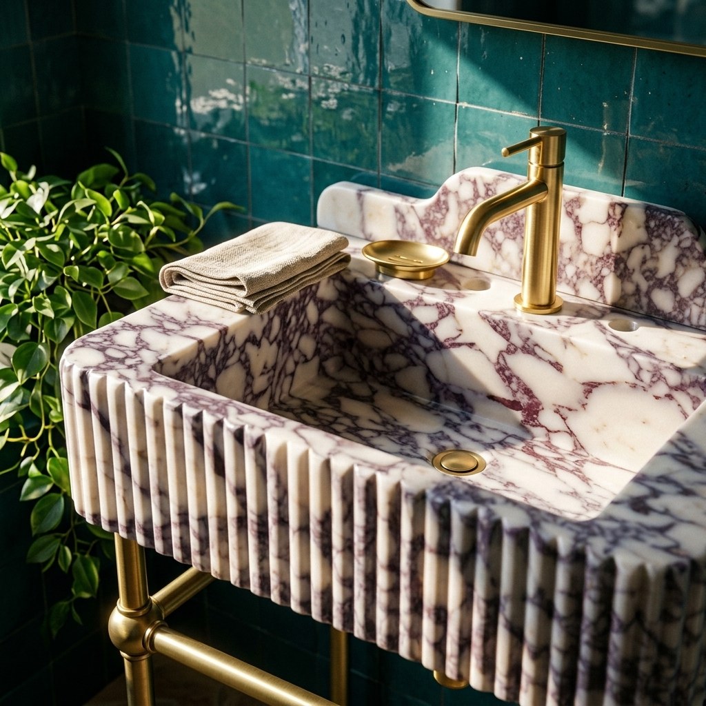 Calacatta Viola Fluted Marble Sink with Champagne Gold Stand — premium — view 2