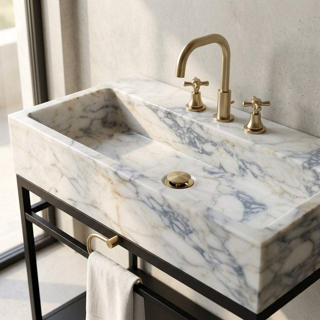 Calacatta Viola Honed Marble Sink with 3 Faucet Holes — marble detail — view 3