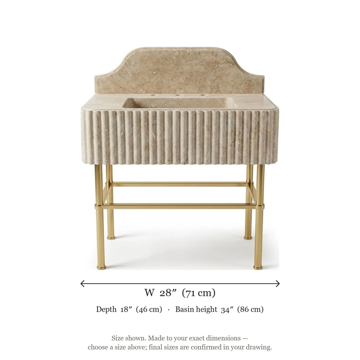 Travertine Fluted Console Sink with Brass Stand — dimensions — view 5