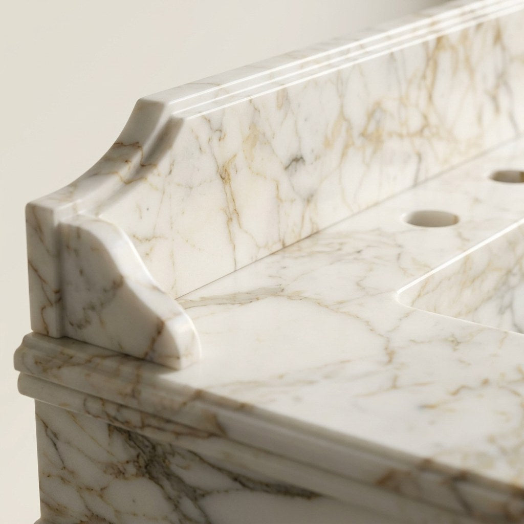 Calacatta Gold Marble Sink with Metal Stand and Backsplash — marble detail — view 3