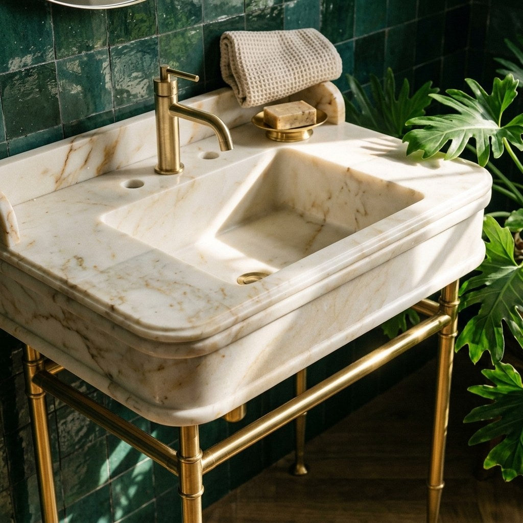 Calacatta Gold Marble Console Sink with Brass Stand — premium — view 2