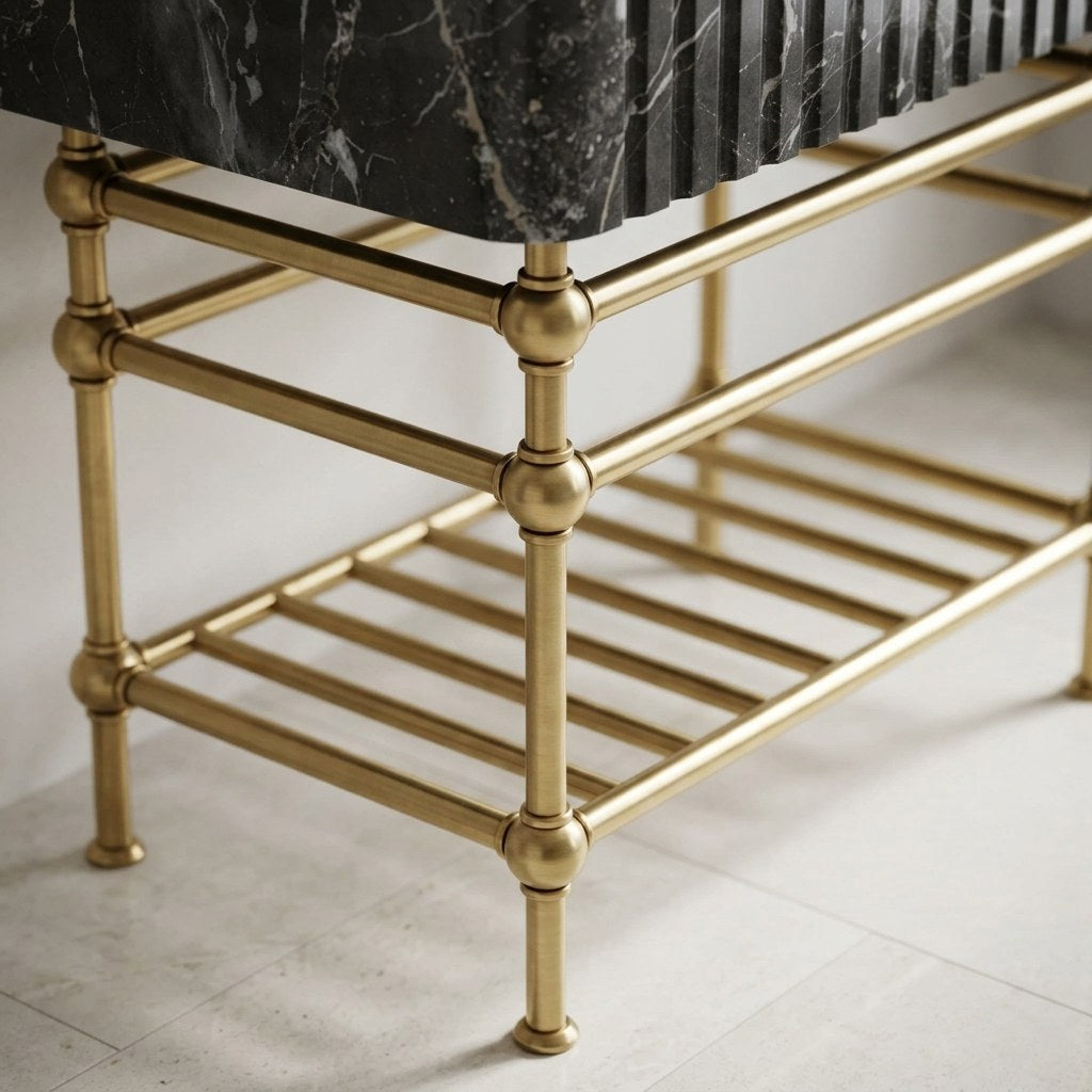 Pietra Notte Fluted Marble Sink with Brass Stand — detail — view 4