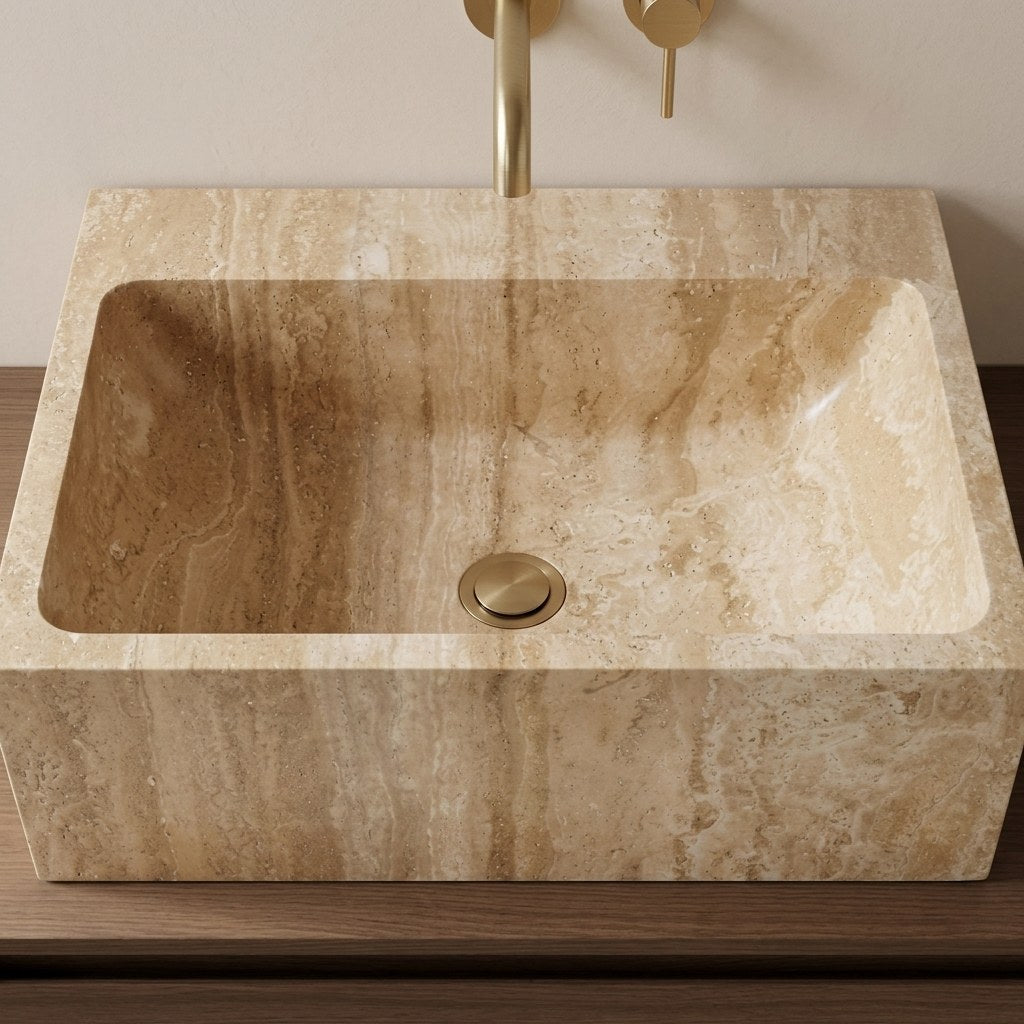 Travertine Rectangular Polished Vessel Sink — detail — view 4