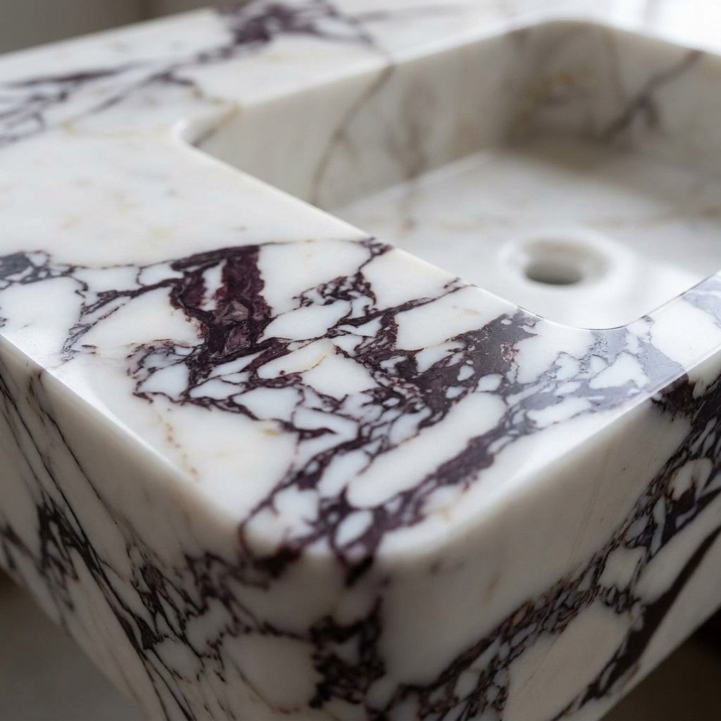 Calacatta Viola Polished Marble Sink with 3 Faucet Holes — marble detail — view 3