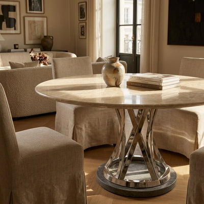 Beige Marble Round Table with Brushed Steel Base — premium