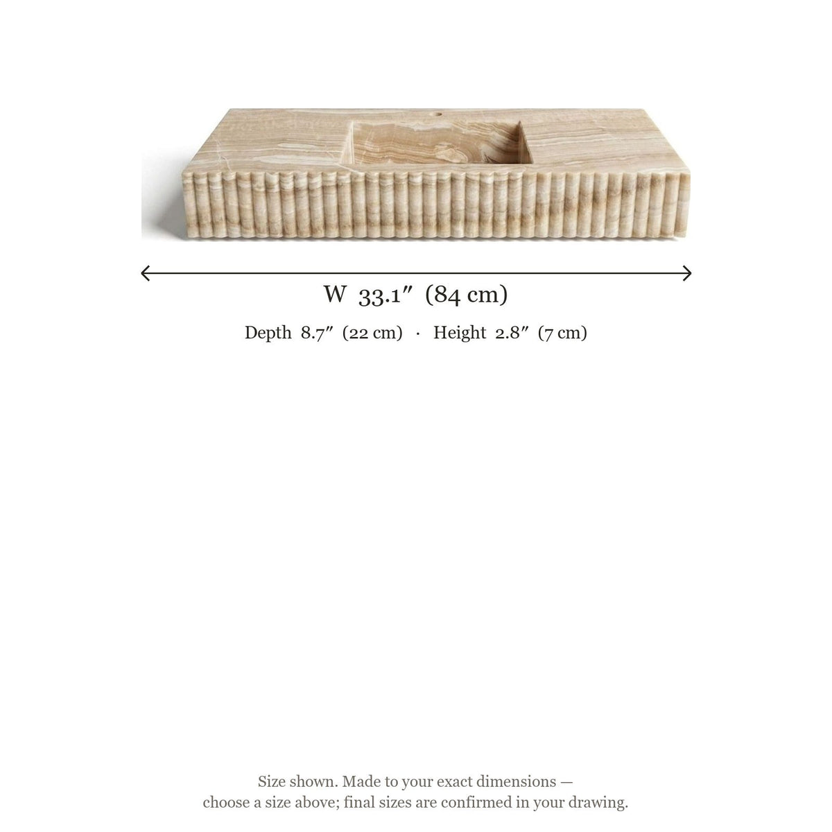 Polished Onyx Fluted Bathroom Sink — dimensions — view 5