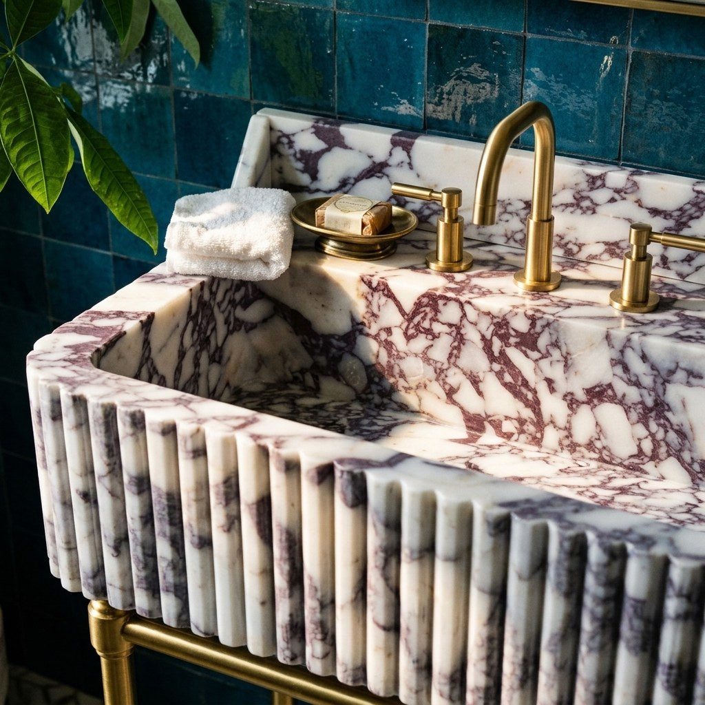 Calacatta Viola Fluted Marble Sink with Brass Stand — premium — view 2