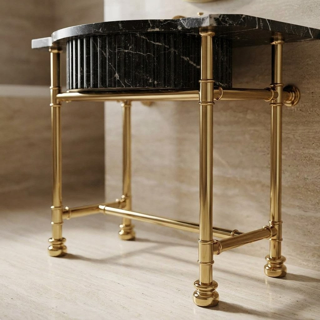 Pietra Notte Fluted Marble Sink with Brass Stand — detail — view 4
