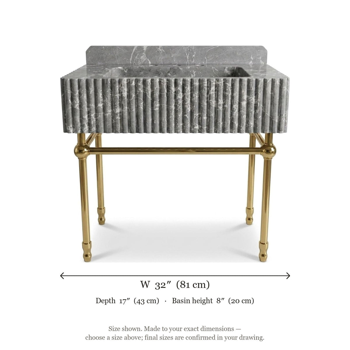 Pietra Notte Fluted Marble Sink with Brass Stand — dimensions — view 5
