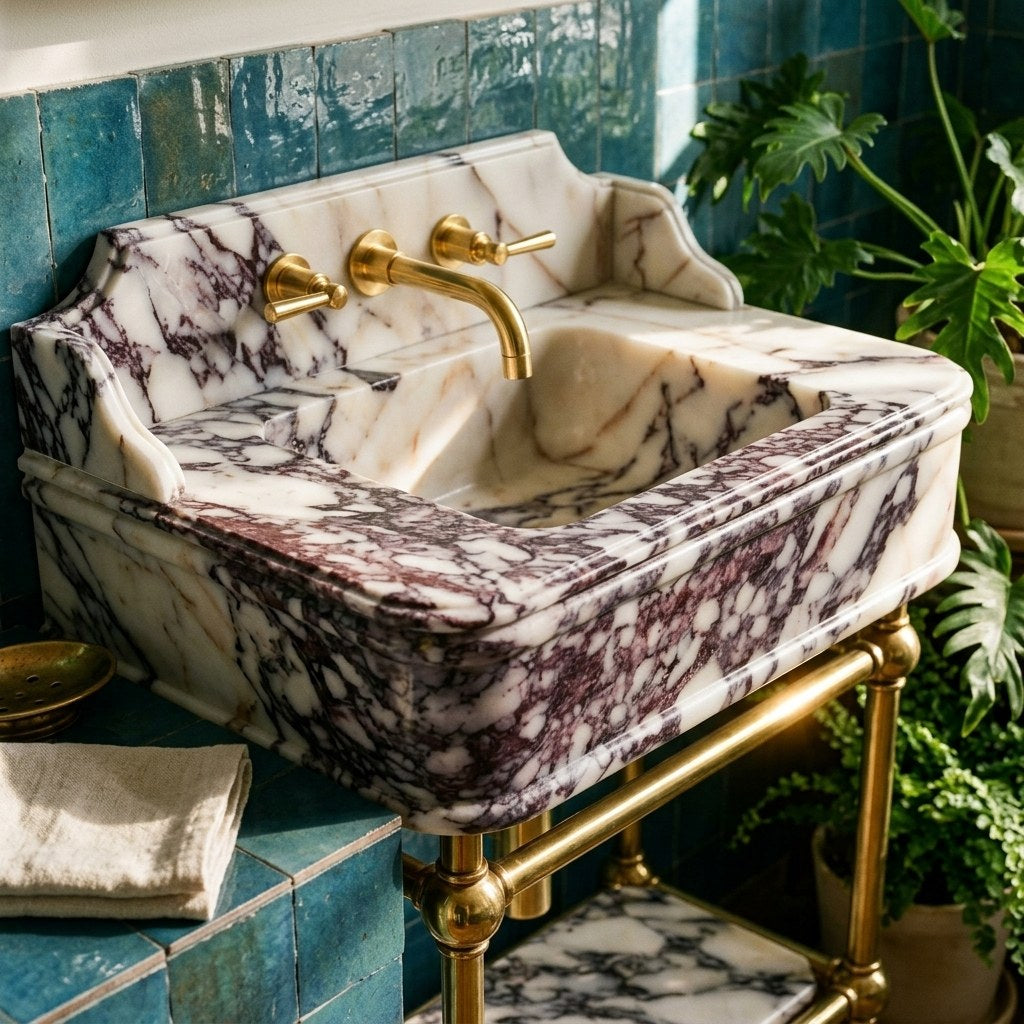 Calacatta Viola Marble Sink with Brass Stand and Backsplash — premium — view 2