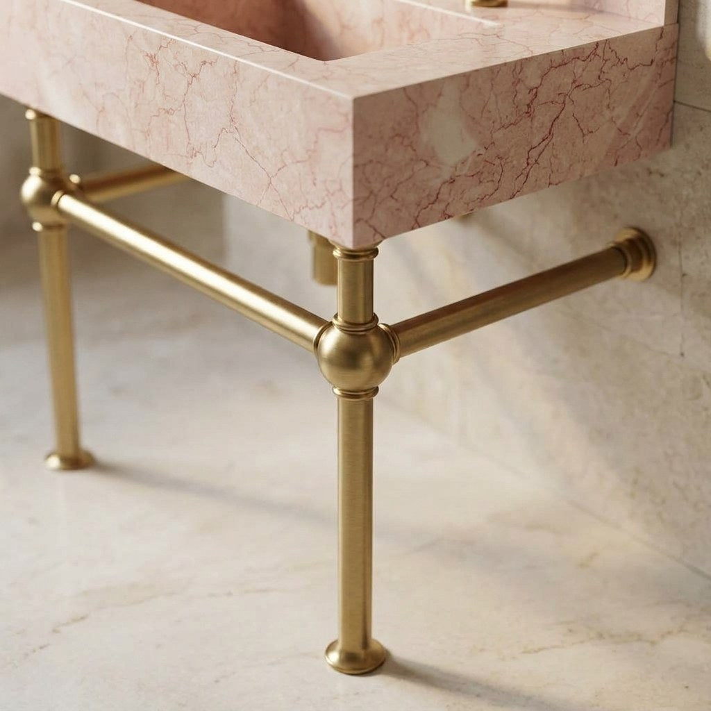 Pink Violet Marble Console Sink with Antique Brass Stand — detail — view 4