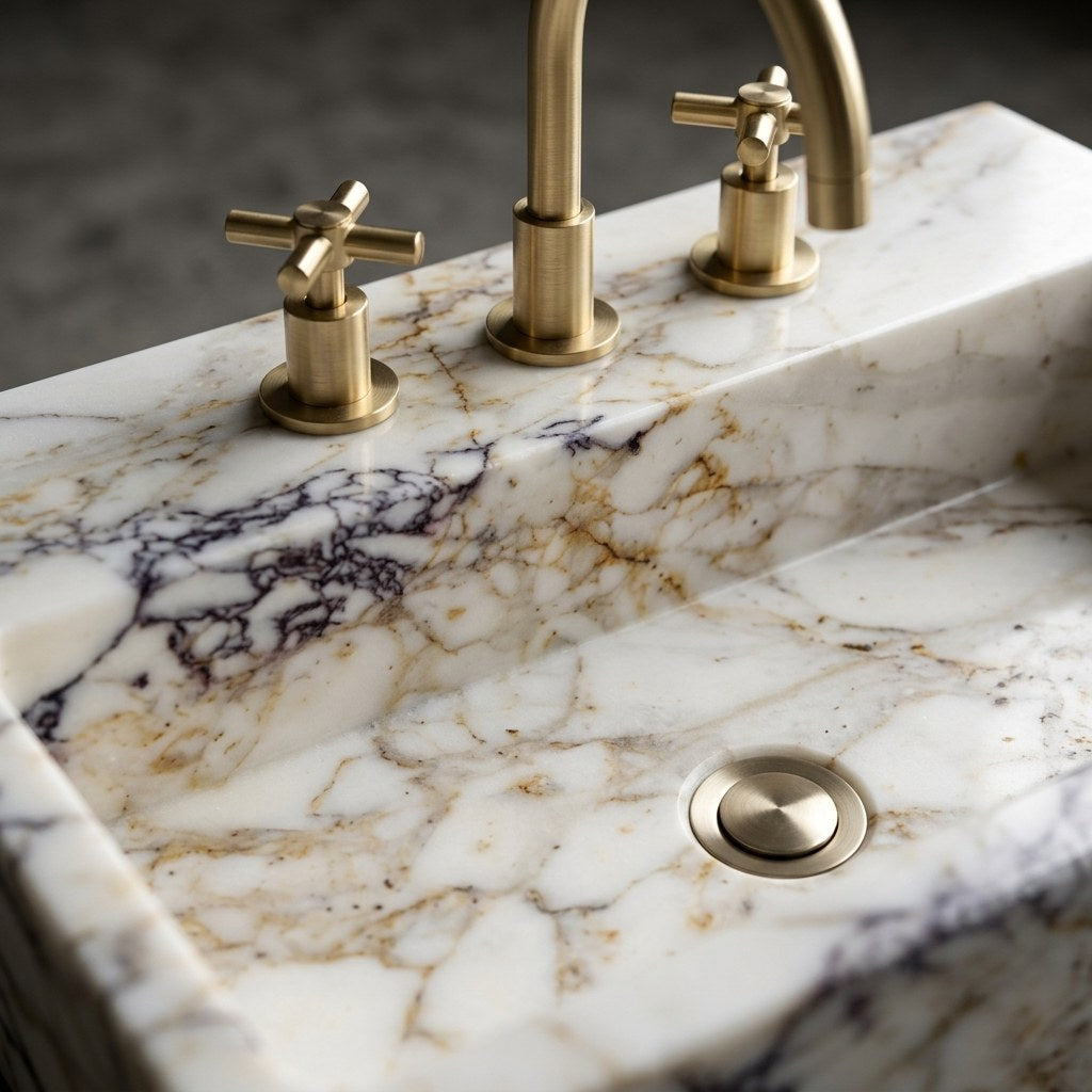 Calacatta Gold Polished Marble Sink with 3 Faucet Holes — marble detail — view 3