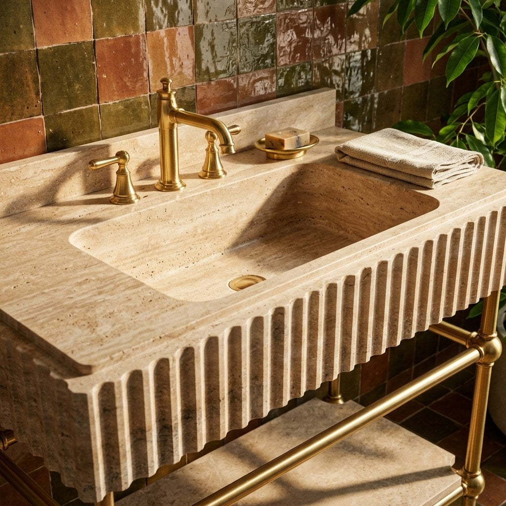 Fluted Travertine Sink with Brass Gold Stand — premium — view 2