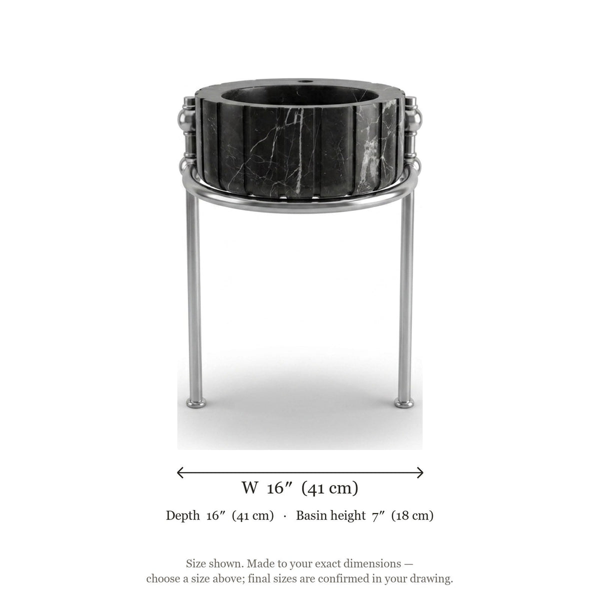 Pietra Notte Fluted Marble Sink with Metal Stand — dimensions — view 4