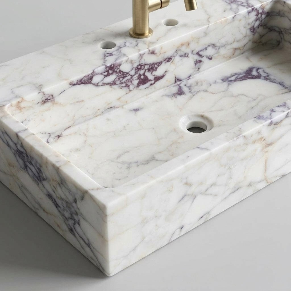 Calacatta Viola Honed Marble Sink with 3 Faucet Holes — detail — view 4
